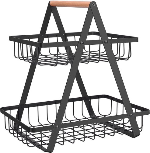 1/2pc 2 Tier Countertop Fruit Basket Portable High-Capacity Fruit Bowle Basket for Kitchen Organizer Storage & Dining Room Fruits Vegetable Bread Snacks, Detachable Metal Rectangle Basket Storage