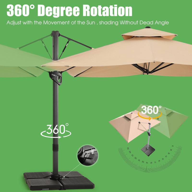 8' x 8' Patio Umbrella, Double Top Large Cantilever Umbrella Aluminum Offset Umbrella Heavy Duty Outdoor Pool Umbrellas with 360 Degree Rotation & Cross Base