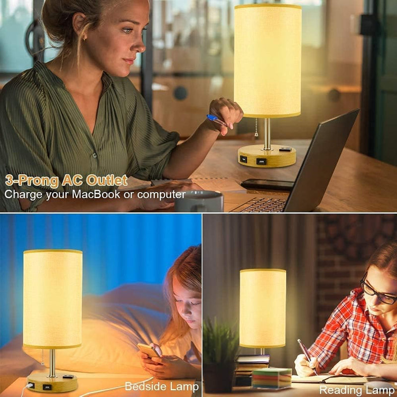 Set of 2 Modern Nightstand Table Lamp with Dual USB Charging Ports and 1 AC Outlets