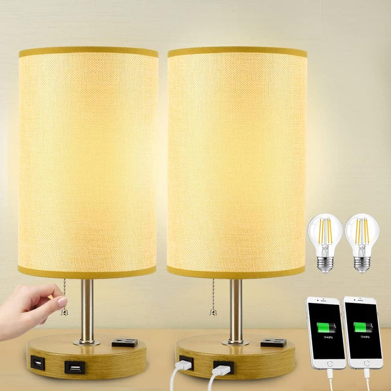 Set of 2 Modern Nightstand Table Lamp with Dual USB Charging Ports and 1 AC Outlets