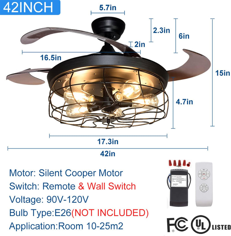 Ceiling Fan with Lights, 42 Industrial Ceiling Fan with Retractable Blades and Remote