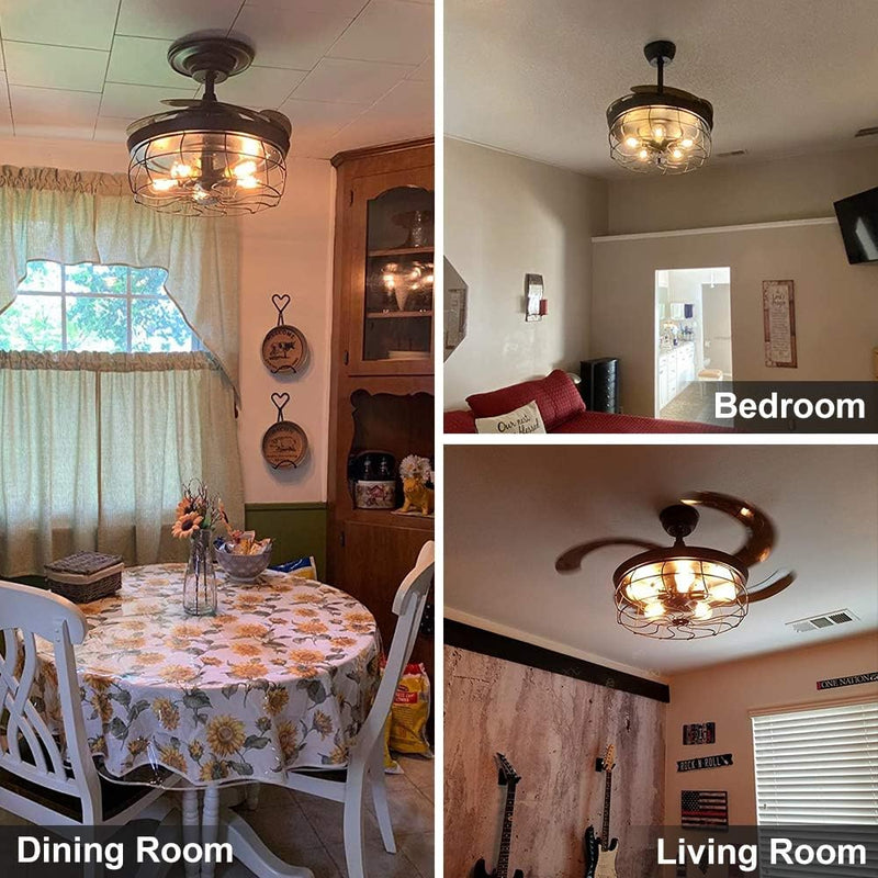 Ceiling Fan with Lights, 42 Industrial Ceiling Fan with Retractable Blades and Remote