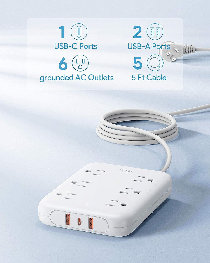 Power Strip with USB Surge Protector, 6 AC Outlets & 2 USB-A & 1 PD 20W USB-C Port, Power Bar with 5Ft Flat Plug Extension Cord