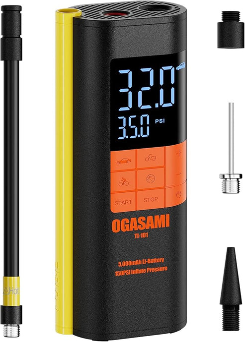 Portable Air Compressor Rechargeable 5,000 mAh Li-Battery Cordless Tire Inflator 150 PSI Pressure for Vehicles Bikes with Digital Pressure Gauge Preset Pressure Auto-Stop Electric Air Pump