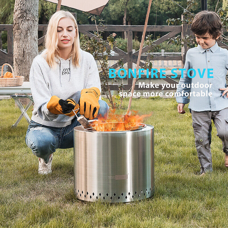Smokeless Fire Pit Stove Bonfire 17'' 304 Stainless Steel Outdoor w/ Stand Poker