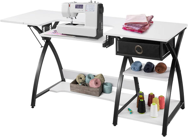 Sewing Machine Craft Table with Adjustable Folding Shelves and Storage Drawer