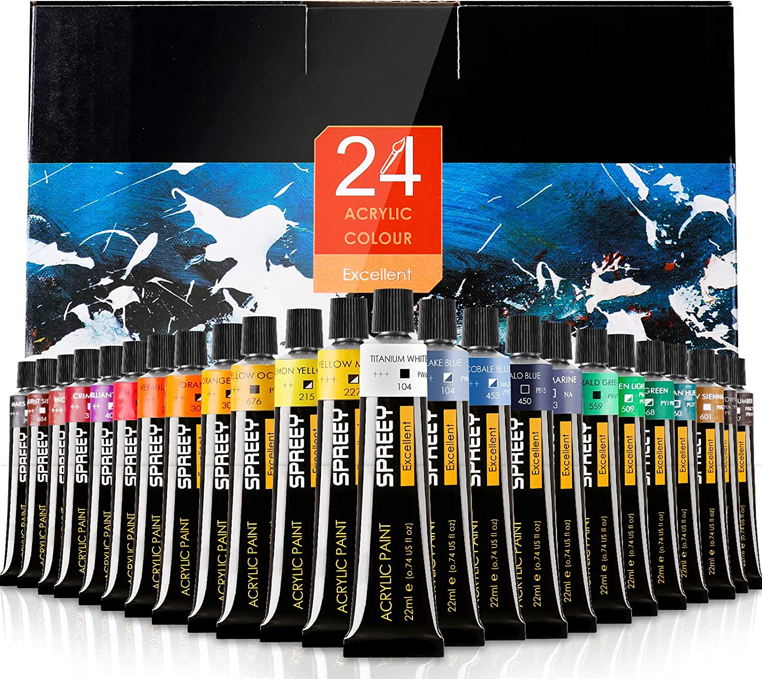 Acrylic Paint Set of 60 Colors Tubes (22 ml/0.74 oz.) Non toxic