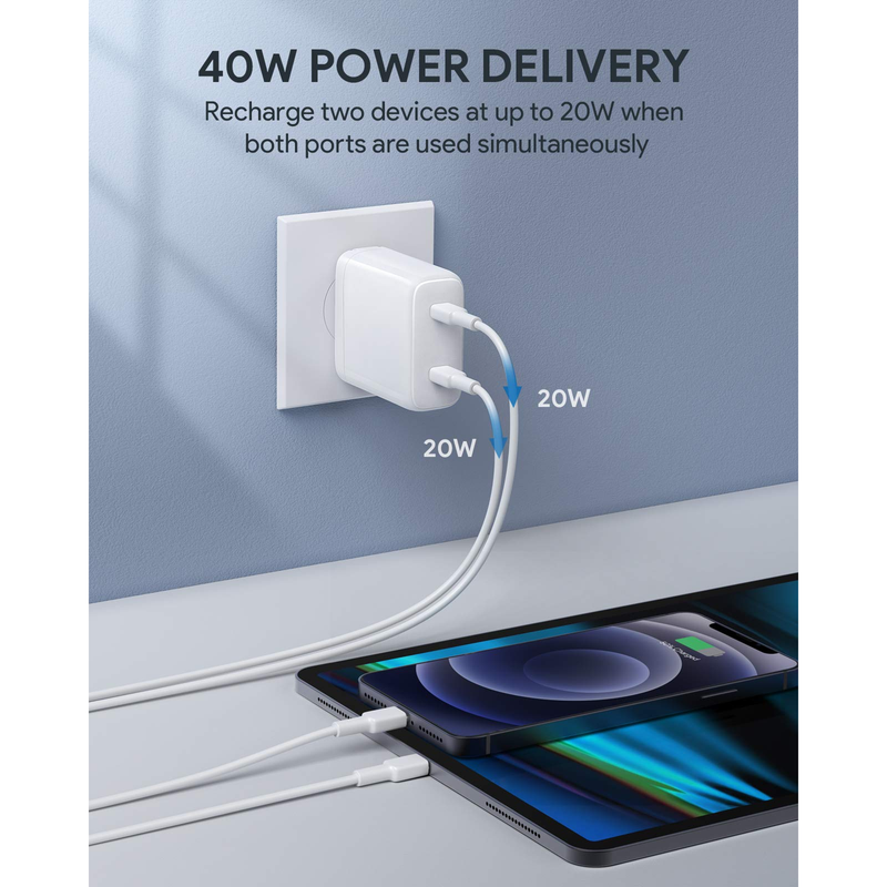 40W Quick Charger with Foldable Plug + Free 4-Ft USB-C to Lightning Cable