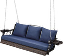 3-Person Wicker Porch Swing Chair Heavy Duty 900 LBS Outdoor Rattan Patio Swing Chair w/Cup-Holder & Steel Chains Hanging Bench Porch Swing Cushions for Deck & Backyard & Garden