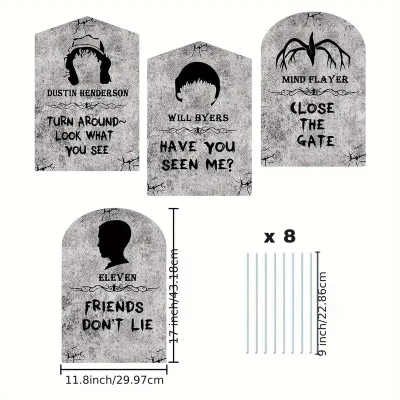 Outdoor Halloween Decorations, 4ct Large Stranger Things Tombstones, Gravestone Decor Yard Signs with Stakes, 16" Tall Realistic Scary Graveyard Headstone