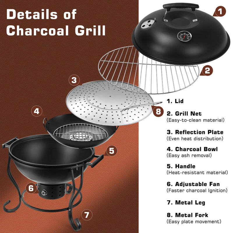 TOKTOO 17-Inch Charcoal BBQ & Fire Pit with Adjustable Fan for Camping and Outdoor