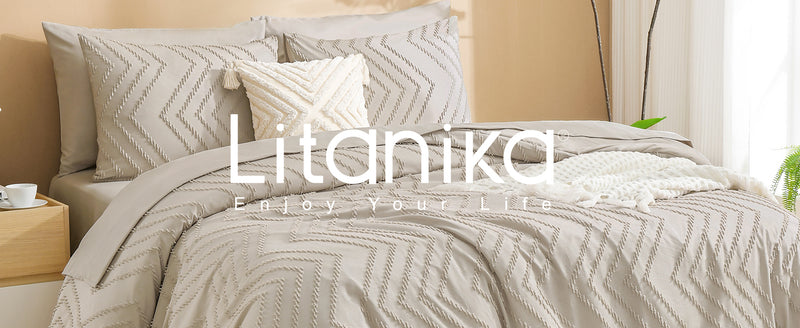 Litanika Comforter Full Queen King Size Set with Sheets Beige - 7 Pieces Bed in a Bag Full Chevron Tufted Complete Bedding Sets with Comforter, Sheets, Pillowcases & Shams