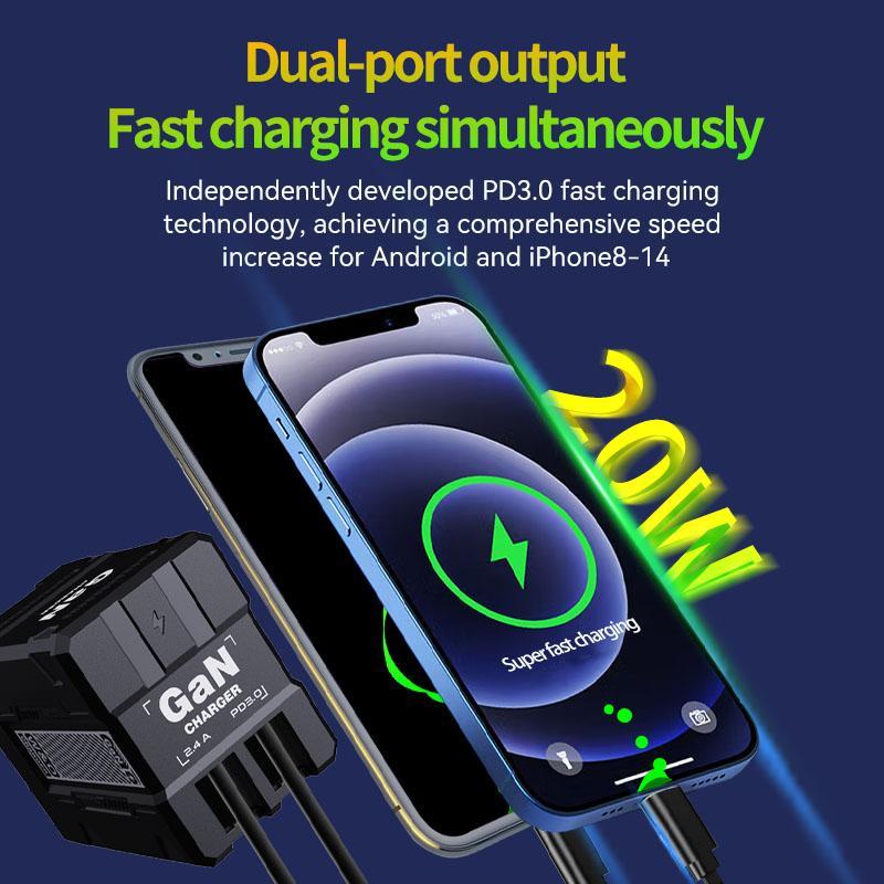 2025-1 PURSUIT GaN Multi-wire charging with Retractable USB-C & Lightning Folding Plug ,Charging Brick for iPhone and Android.