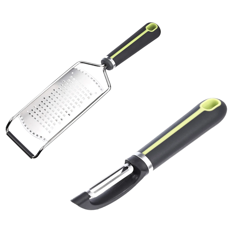 2-Piece Kitchen Tool Set, Course Hand Grater & Peeler Set with Wide Stainless Steel Blade, Soft Grip Handle, Grey and Green