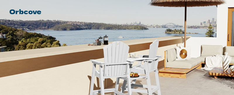 Tall Adirondack Chairs Set of 2 with 2-Layer Connecting Table, HDPE Bar Height Outdoor Table and Chairs with Umbrella Hole, All Weather Outdoor Bar Stools for Patio, Deck, Yard