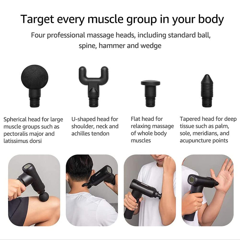 Handheld Percussion Massage Gun, Professional Deep Tissue Muscle Massager, 5 Speeds, 4 Interchangeable Attachment Heads