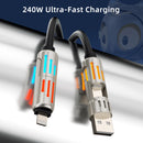 4-in-1 Fast Car Charging Cable 240W PD 3.0 & QC 5.0, 6FT USB-C/USB-A/Lightning/Micro for iPhone 16/Samsung S24/iPad/MacBook, Tangle-Free & Overheat Protection, Travel Ready