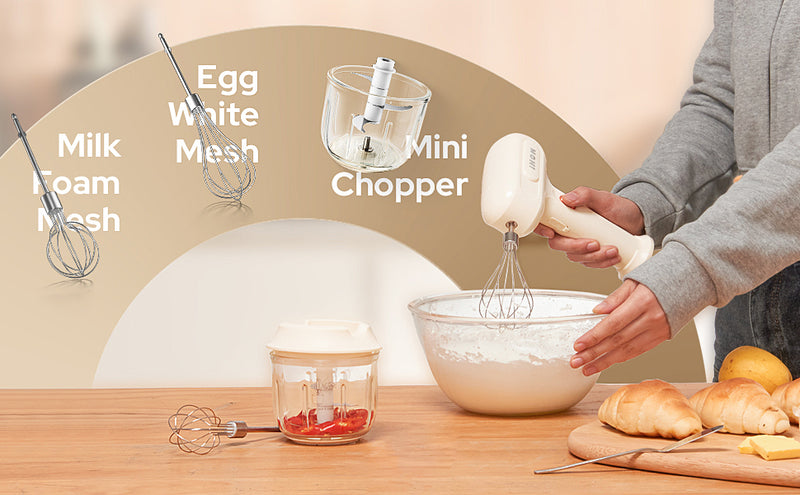 3-in-1 Hand Mixer, hand mixer electric handheld with Garlic Chopper to Cutting Onions, Peppers, 3-Speed Self-Control Electric Mixer with Type-C Charging Cable for Whipping or Mixing Eggs, Cream