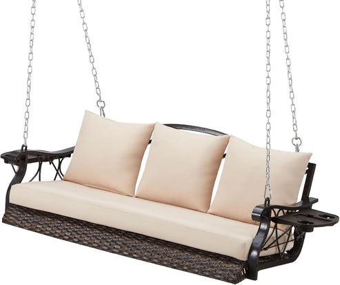 3-Person Wicker Porch Swing Chair Heavy Duty 900 LBS Outdoor Rattan Patio Swing Chair w/Cup-Holder & Steel Chains Hanging Bench Porch Swing Cushions for Deck & Backyard & Garden