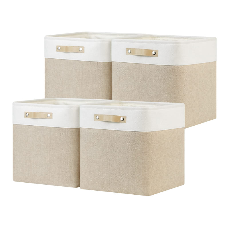 EvanColin Fabric Storage Cubes for Storage,Organizing,Home,13 inch Cube Storage Bins for Closet,Clothes,Nursery,Square Cube Storage Basket with Leather Handles(White&Khaki,4-Pack)