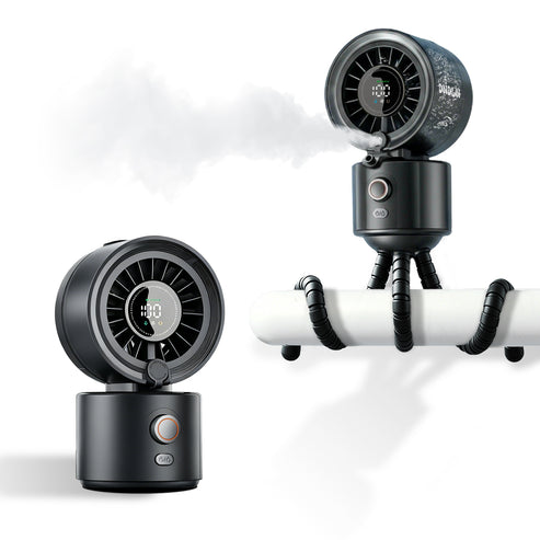 Portable Misting Fan, Flexible Tripod Personal Cooling Fan, Fine Mist Cools Air up to 15°F, 100 Speed Levels, Rechargeable Fan for Strollers, Golf Carts & Desktop Use