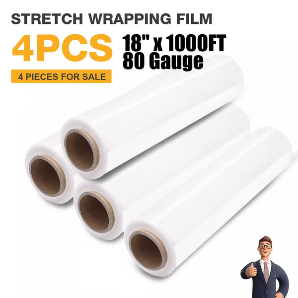 4 Rolls Heat Shrink Stretch Film, 18 Inches x 1000 Feet, 80 Gauge Industrial Strength, Plastic Tight Wrap, Heavy Duty Pallet Shrink Wrap, for Packing, Moving Furniture, and Luggage (Transparent)