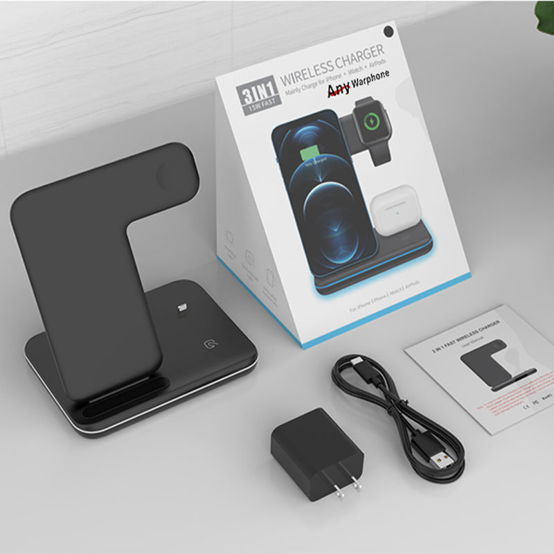 3-in-1 Wireless Charging Station for iPhone, Apple Watch, and AirPods + Wall Adapter