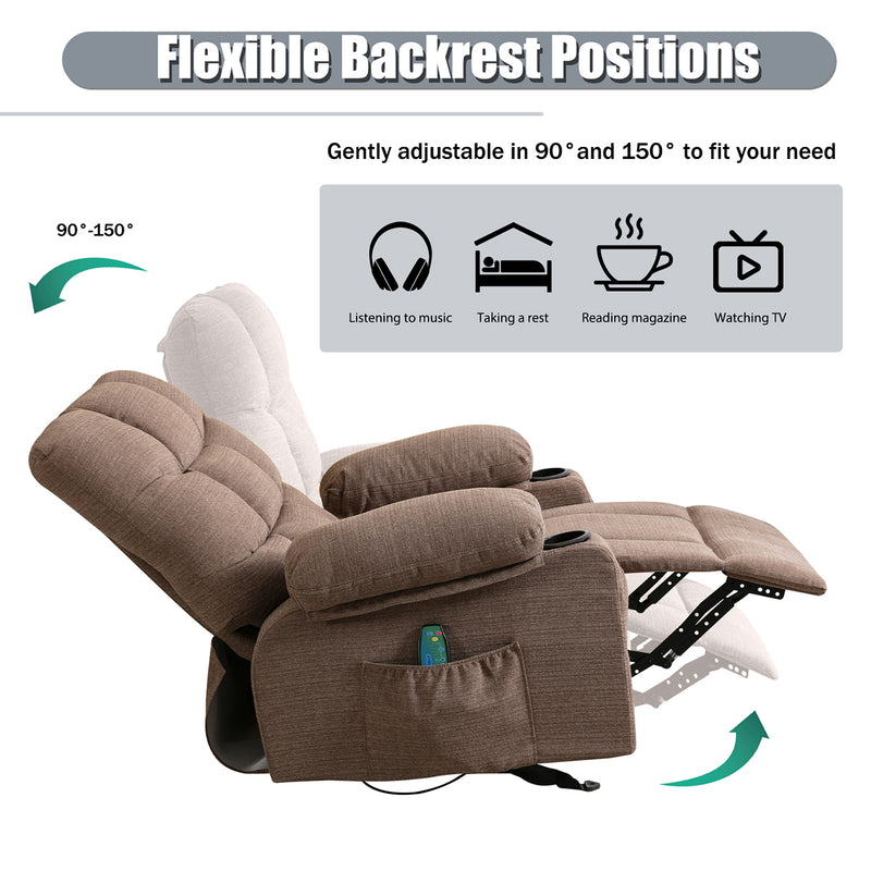 Vanbow.Recliner Chair Massage Heating sofa with USB and side pocket 2 Cup Holders (Brown)