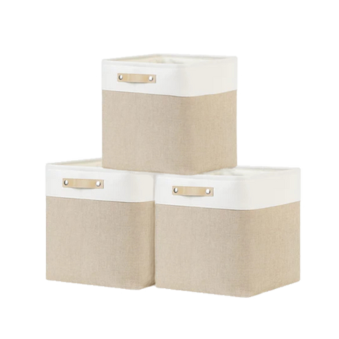 EvanColin Fabric Storage Cubes for Storage,Organizing,Home,13 inch Cube Storage Bins for Closet,Clothes,Nursery,Square Cube Storage Basket with Leather Handles(White&Khaki,3-Pack)