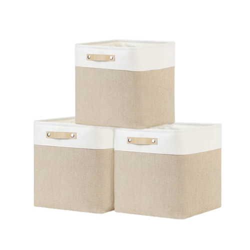 EvanColin Fabric Storage Cubes for Storage,Organizing,Home,13 inch Cube Storage Bins for Closet,Clothes,Nursery,Square Cube Storage Basket with Leather Handles(White&Khaki,3-Pack)