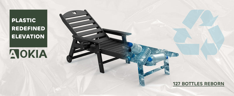 Aokia Plastic Lounge Chairs for Outside Set of 2 with Wheels & Cup Holder, Oversize HDPE 6-Position Chaise Lounge Outdoor Lounger for Patio & Pool.