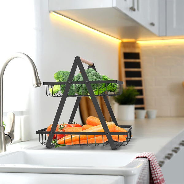 1/2pc 2 Tier Countertop Fruit Basket Portable High-Capacity Fruit Bowle Basket for Kitchen Organizer Storage & Dining Room Fruits Vegetable Bread Snacks, Detachable Metal Rectangle Basket Storage