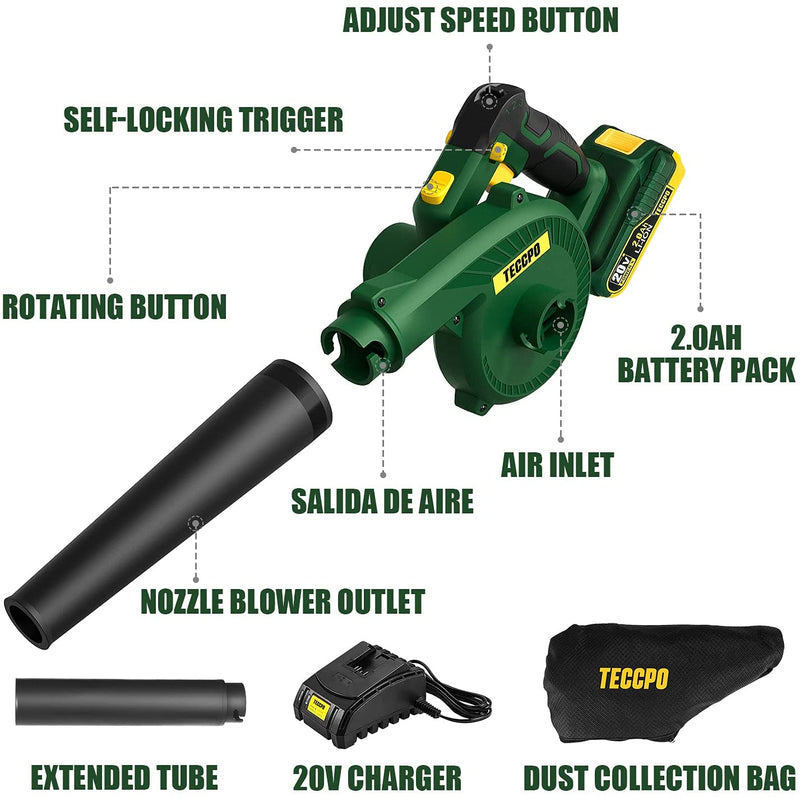 Cordless Blower/Sweeper, 20V 2.0Ah Battery and Charger, 145MPH, 18000RPM, 3-Speed for Blowing Dust