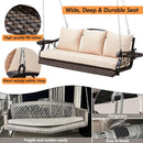 3-Person Wicker Porch Swing Chair Heavy Duty 900 LBS Outdoor Rattan Patio Swing Chair w/Cup-Holder & Steel Chains Hanging Bench Porch Swing Cushions for Deck & Backyard & Garden