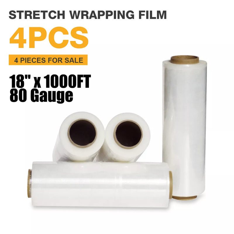 4 Rolls Heat Shrink Stretch Film, 18 Inches x 1000 Feet, 80 Gauge Industrial Strength, Plastic Tight Wrap, Heavy Duty Pallet Shrink Wrap, for Packing, Moving Furniture, and Luggage (Transparent)