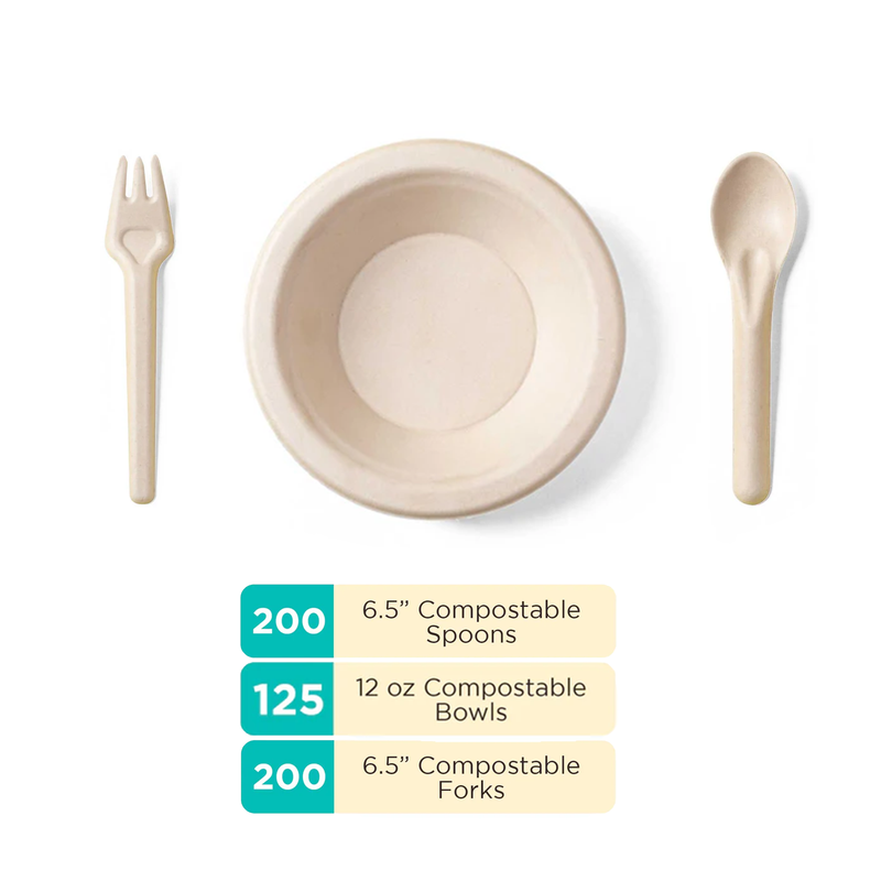 Compostable Bowls, Spoons & Forks Set | PFAS-Free, BPI Certified