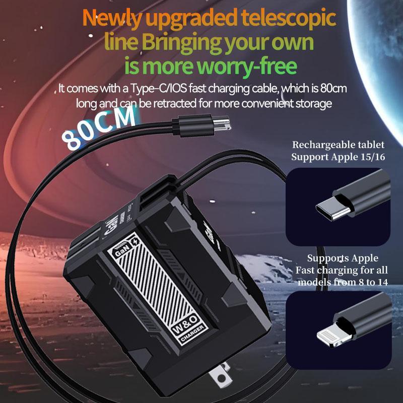2025-1 PURSUIT GaN Multi-wire charging with Retractable USB-C & Lightning Folding Plug ,Charging Brick for iPhone and Android.