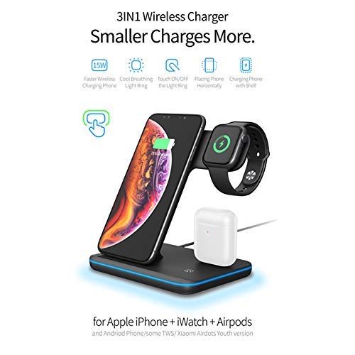 3-in-1 Wireless Charging Station for iPhone, Apple Watch, and AirPods + Wall Adapter