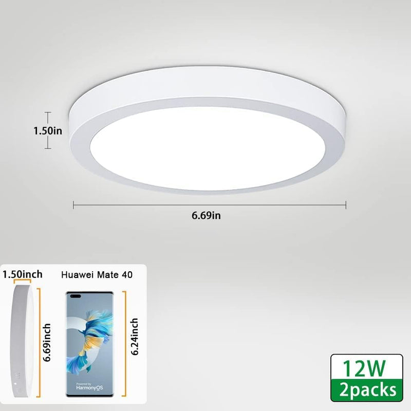 2-Pack 6.69 Inch LED Surface Mounted Panel Ceiling Light Fixture, 12W(100W Equivalent) Soft Warm Flat Flush Mount Downlight Lamp