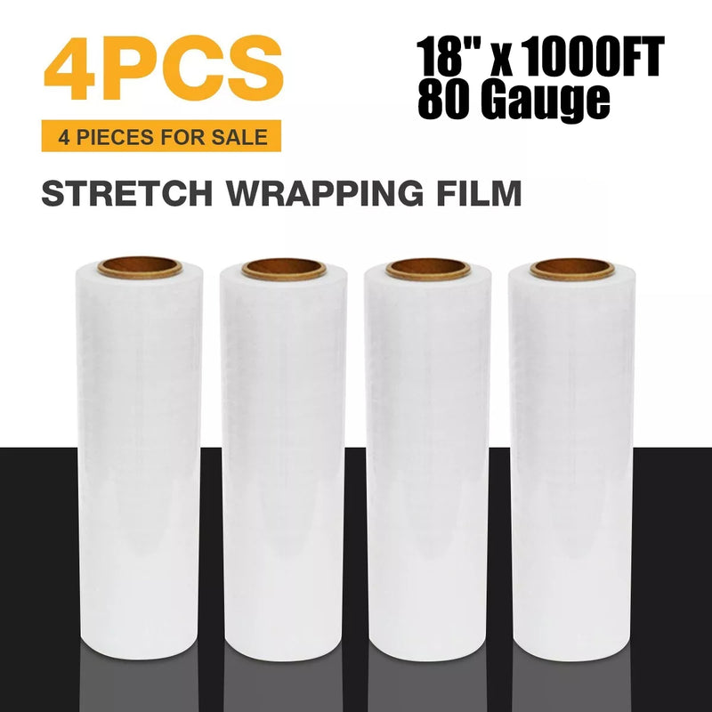 4 Rolls Heat Shrink Stretch Film, 18 Inches x 1000 Feet, 80 Gauge Industrial Strength, Plastic Tight Wrap, Heavy Duty Pallet Shrink Wrap, for Packing, Moving Furniture, and Luggage (Transparent)