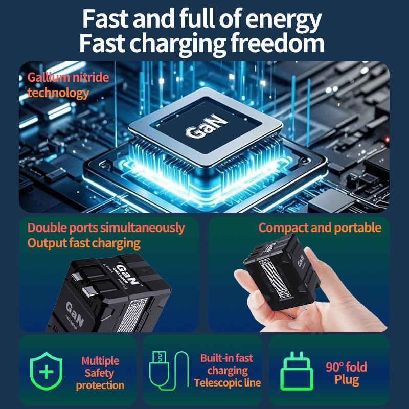 2025-1 PURSUIT GaN Multi-wire charging with Retractable USB-C & Lightning Folding Plug ,Charging Brick for iPhone and Android.