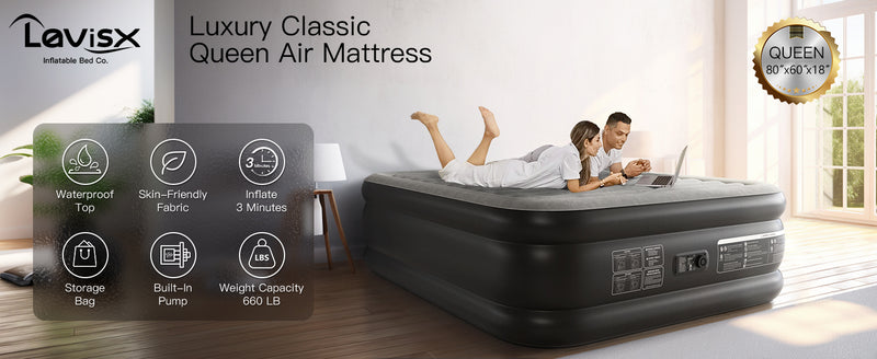 Lavisx 18" Premium Queen Size Air Mattress with Built-In Pump, Soft Flocked Top, and Automatic Inflation/Deflation