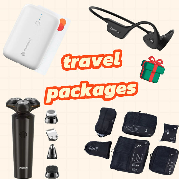 Travel Package 4 items：10,000mAh Ultra-Compact Power Bank+All-In-One Travel Grooming Kit+Bone Conduction Open Ear Wireless Headphones+6-Piece Travel Packing Cube Organizers Set