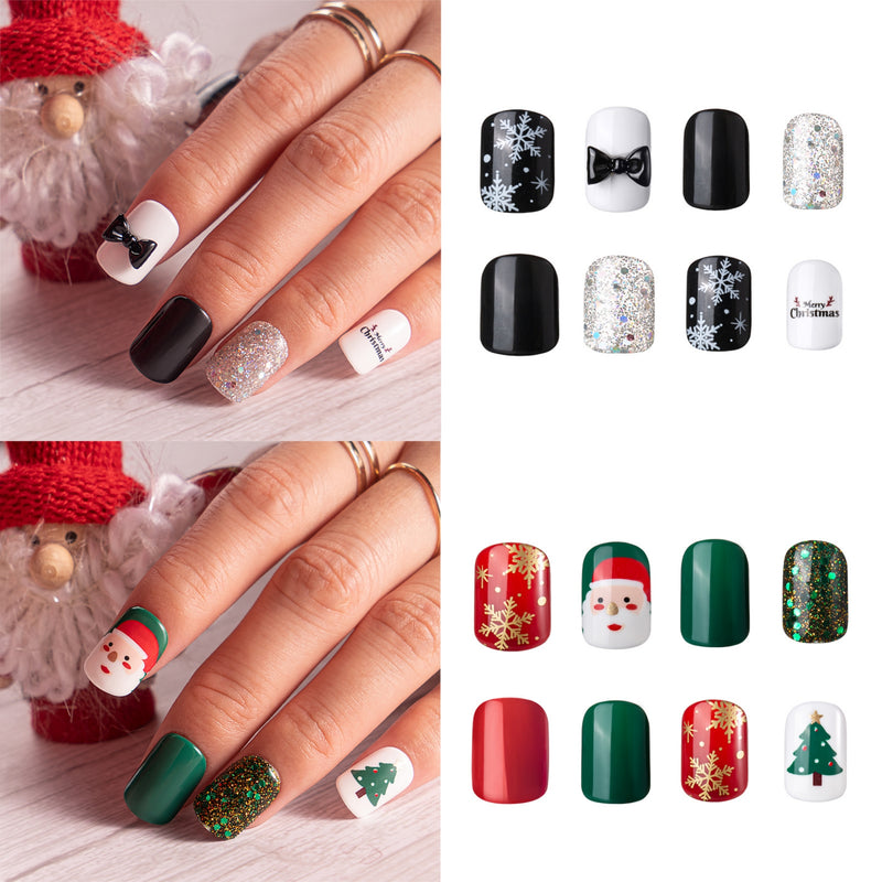60Pcs Christmas Press on Nails Short, Square Glitter Cute Christmas Fake Nails Design