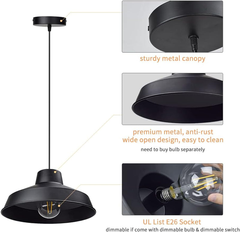 Industrial Black Pendant Light, Farmhouse Metal Adjustable Hanging Light Fixture, Dome Barn Pendant Light