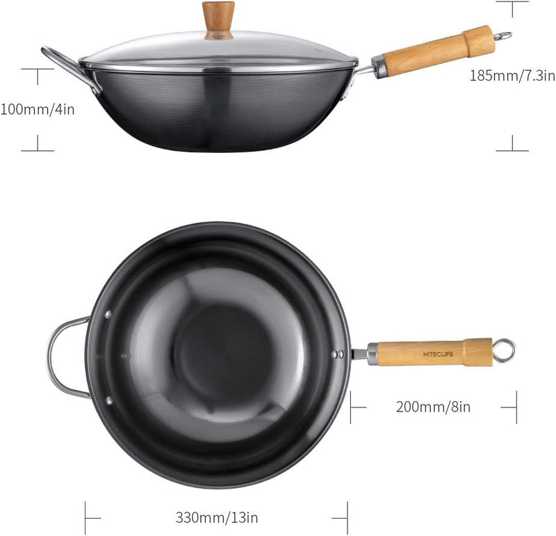 Wok Pan with Lid, 13 inch High Carbon Steel Wok, Chemical-free Stir Fry Pan with Detachable Wood Handle