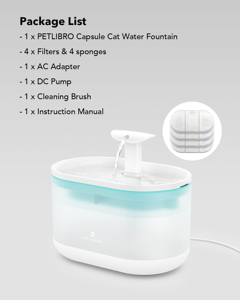 Cat Water Fountain with Two Flow Modes and 4 Large Filters, 71fl oz/2.1L Pet Water Fountain, BPA-Free