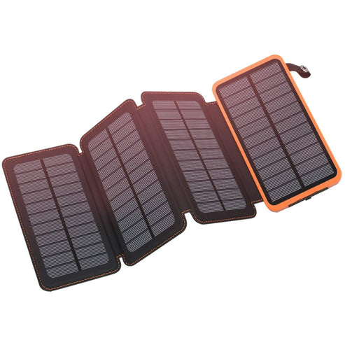 25,000mAh Portable Power Bank with 4 Foldable Solar Panels, Dual USB Ports & Built-In Emergency Light
