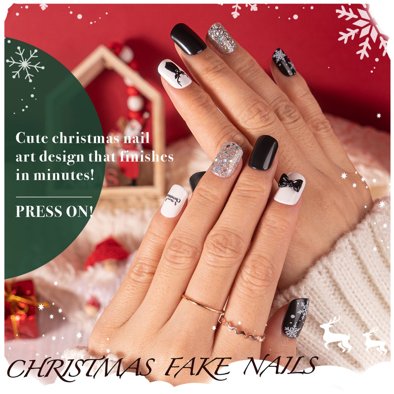 60Pcs Christmas Press on Nails Short, Square Glitter Cute Christmas Fake Nails Design