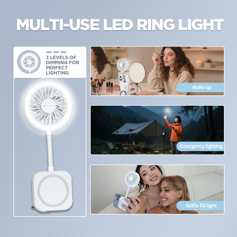 2025 New Magnetic Fan, Portable Fan with 3 Modes Led Light, 1200mAh Foldable Travel Fan, USB Rechargeable Handheld Fan Hands-Free Phone Mount, 3 Speed Wind, 360° Adjustable Stand, Pocket Design for Travel Summer Concerts Car, Summer Gifts for Women & Men.